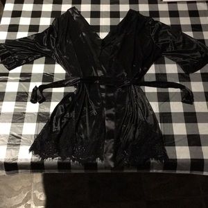 Short Black Faux Satin Robe